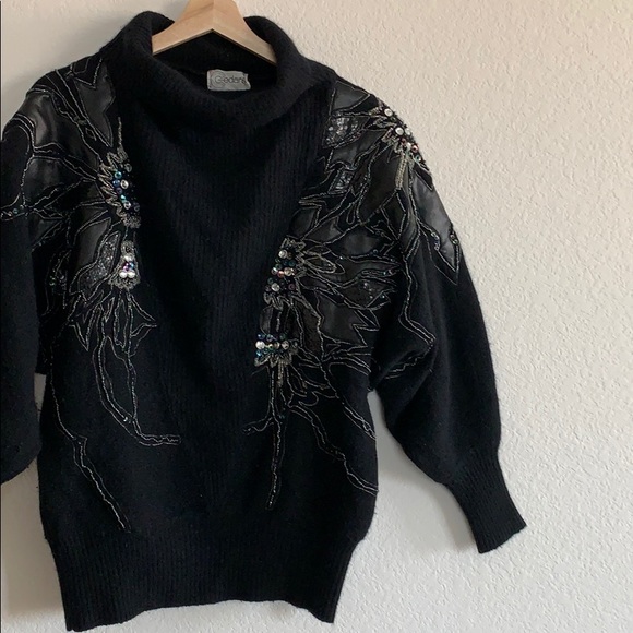 Vintage Sweaters - Vintage Black Cowl Neck Sweater with Embellishments